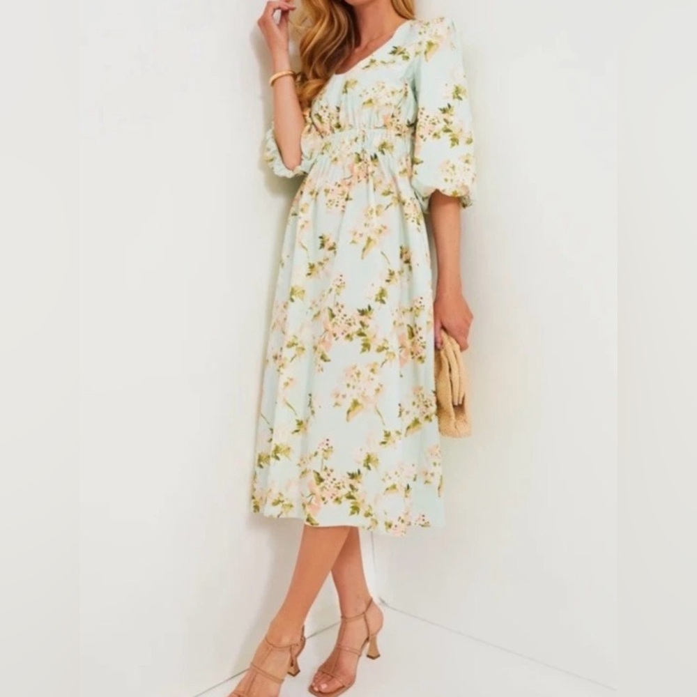 TUCKERNUCK Aqua Watercolor Marlena Floral Midi Dress Cinch Waist NWT - Picture 2 of 10